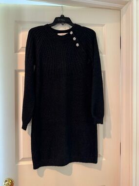 LOFT Black Long Sleeve Knit Sweater Dress with Decorative Buttons